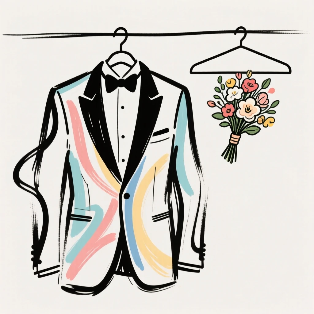 A tailored tuxedo hanging beside a bouquet of boutonniere flowers.