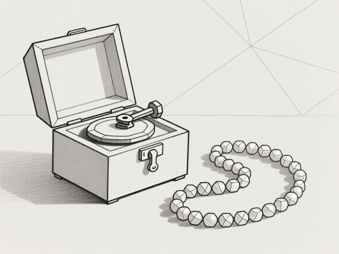 A still life of a music box beside a strand of pearls