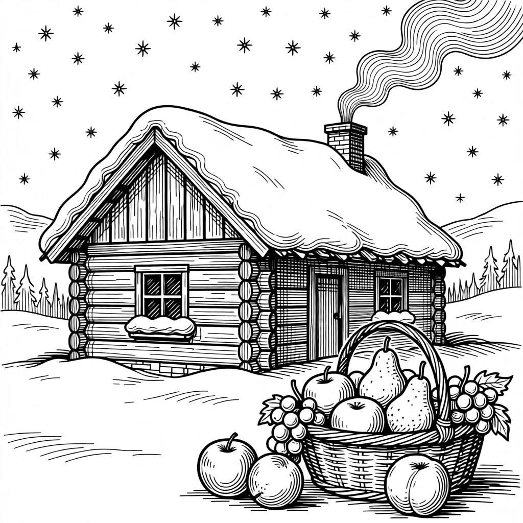 A snow-covered cabin with smoke rising from the chimney beneath a sky full of summer stars, with a basket overflowing with seasonal fruit, capturing a quietly joyful seasonal moment.