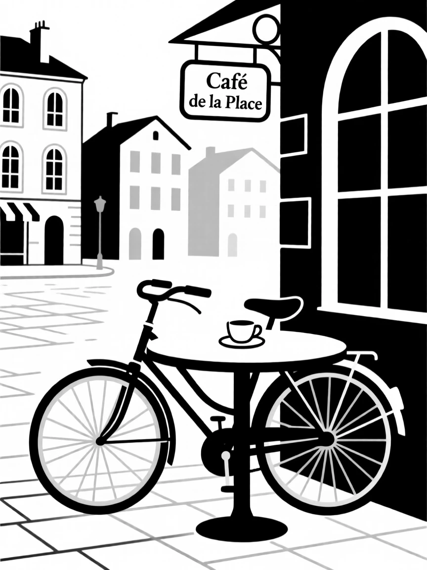 A bicycle parked beside a café table in an old town square.