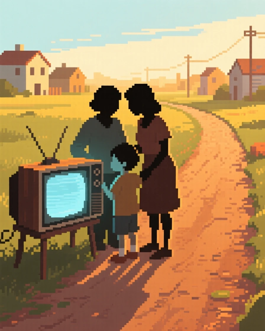 A family gathered around an old television captured in the golden light of early morning, along a dirt road leading out of town.