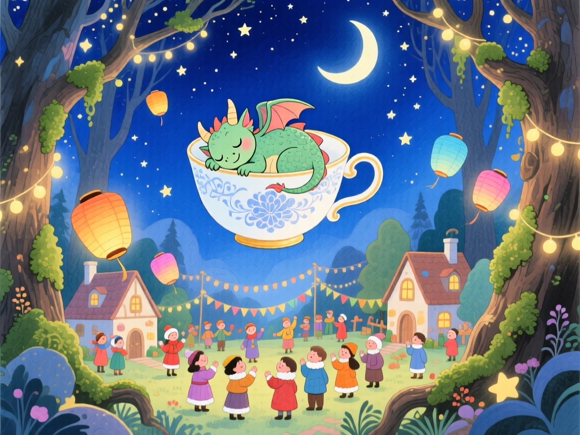 A tiny dragon curled asleep in a teacup soaring above a village during a starlit festival, in an ancient magical grove, sparking pure childlike delight.
