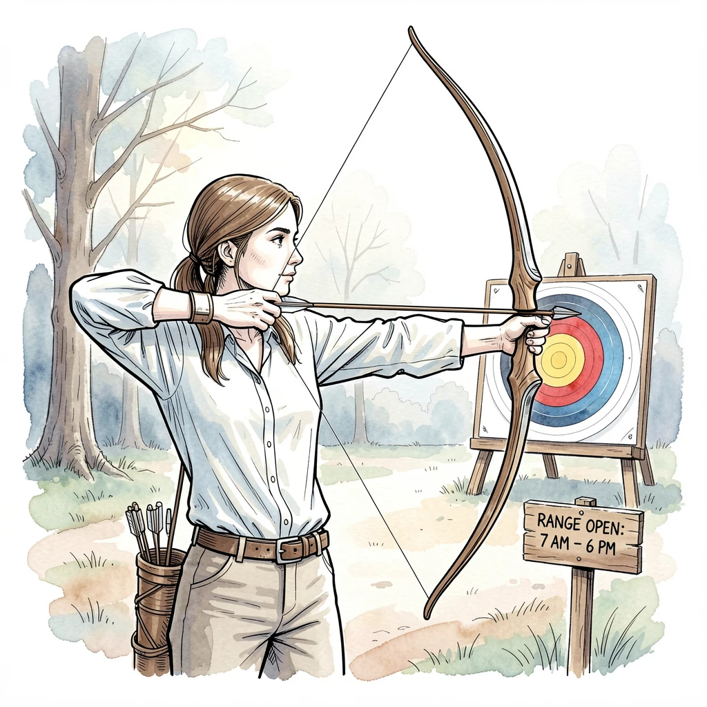 A archer drawing a bow at an outdoor range on a crisp morning, focused concentration evident in every careful movement.