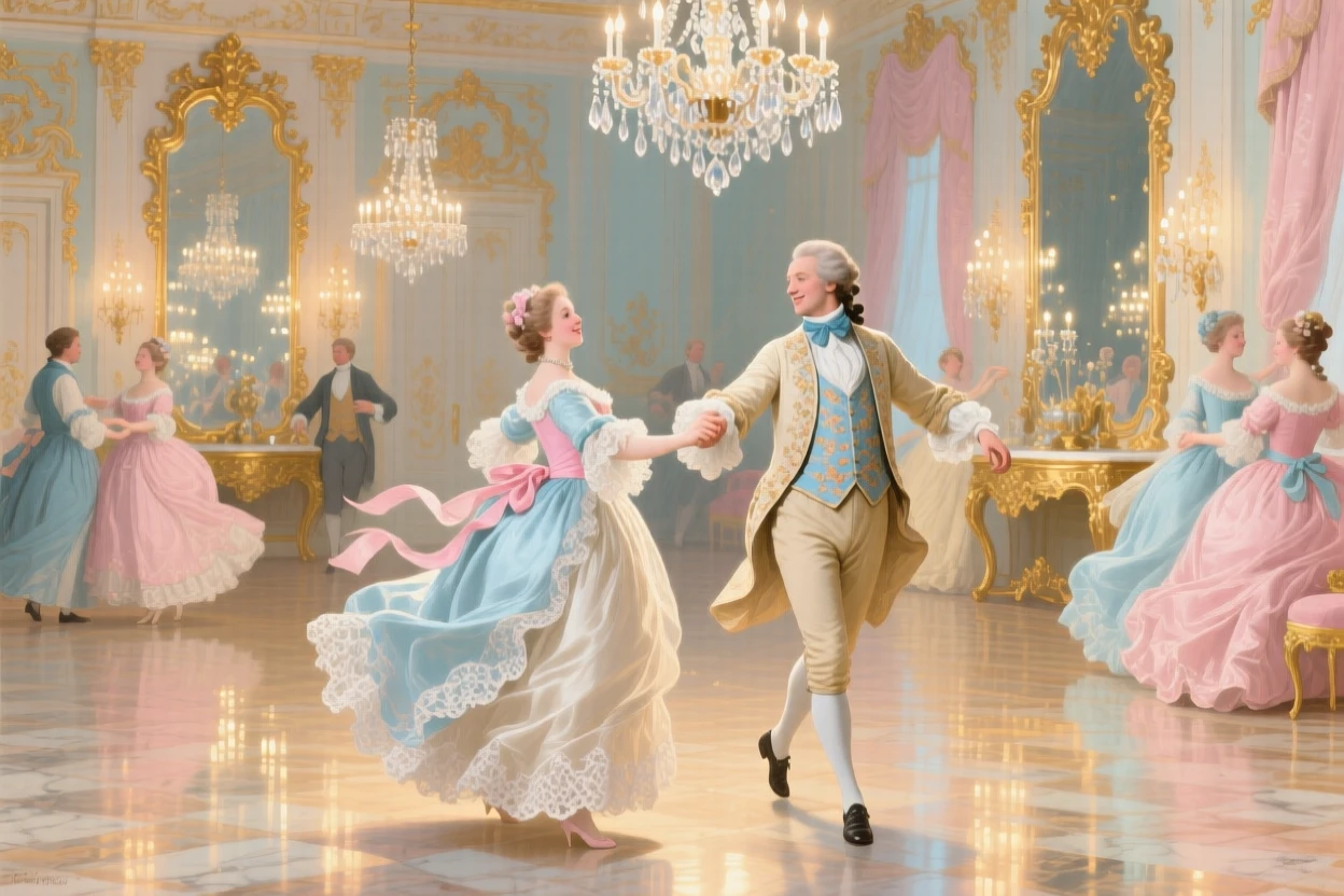 A ballroom filled with reflected light as dancers turn beneath chandeliers  