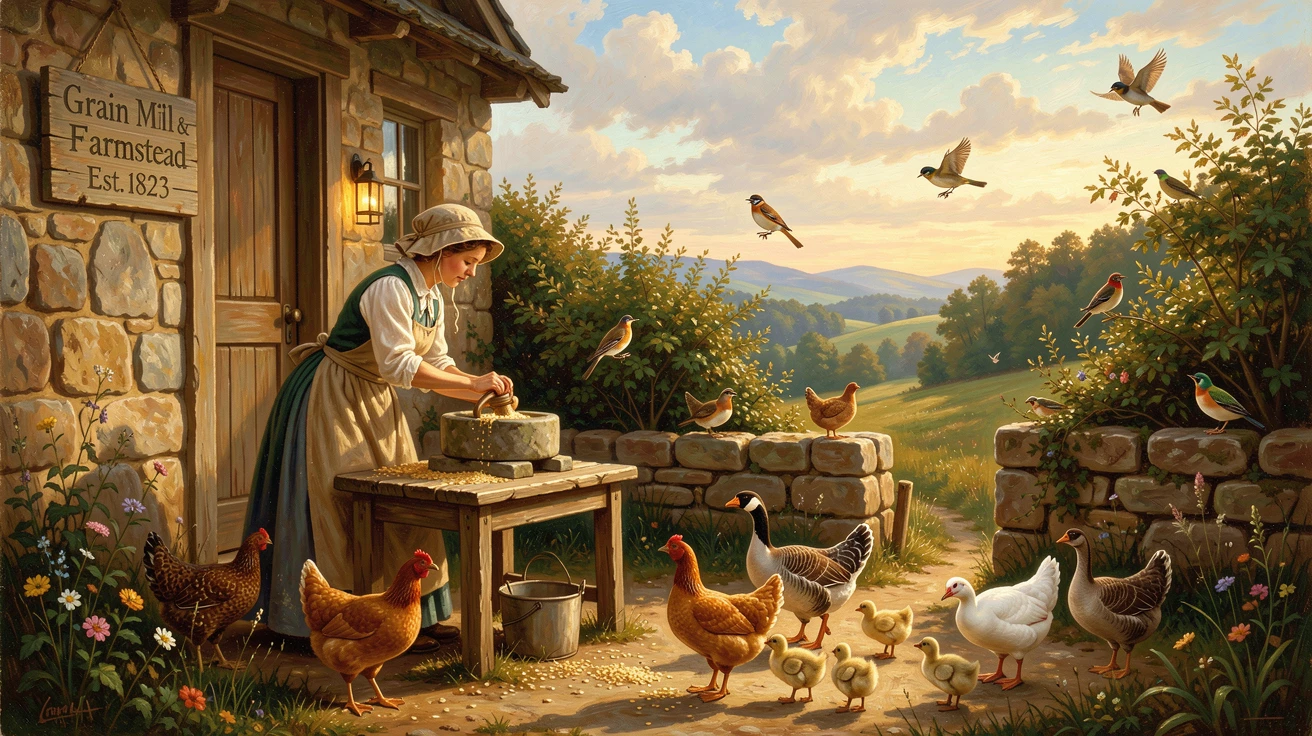 A farmer's wife grinds grain beside a farmyard busy with chickens and geese as birds sing from the hedgerows.