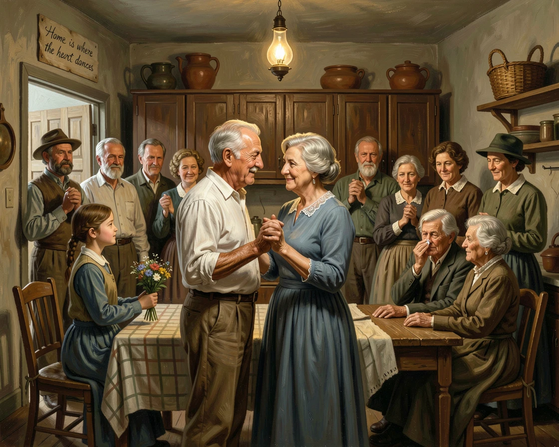 An elderly couple slow dancing together in their kitchen after fifty years of marriage, with the surrounding crowd or community sharing in the emotion, radiating hope, gratitude, and heartfelt connection