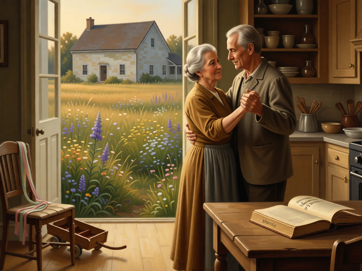 An elderly couple dancing quietly in their kitchen at dusk at the exact instant a memory is quietly being made, set within a sunlit meadow just beyond a quiet farmhouse, with toys, ribbons, or a forgotten book scattered nearby; the composition draws the eye naturally to interlocked hands or shared eye contact, evoking pure, unguarded tenderness and love.