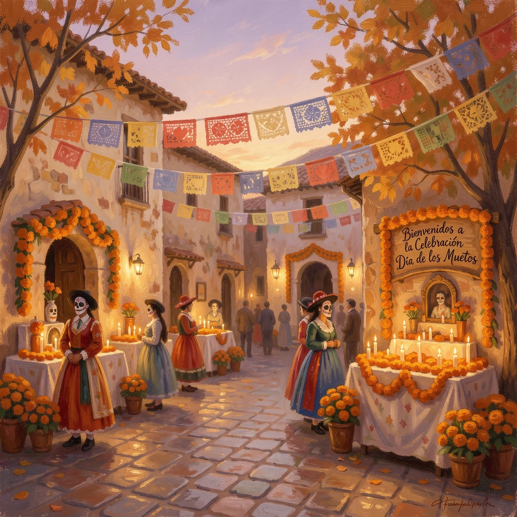 A vibrant Dia de los Muertos celebration in a Mexican plaza, marigolds and candlelit altars glowing at dusk, in the golden days of autumn, filled with warmth and nostalgia.
