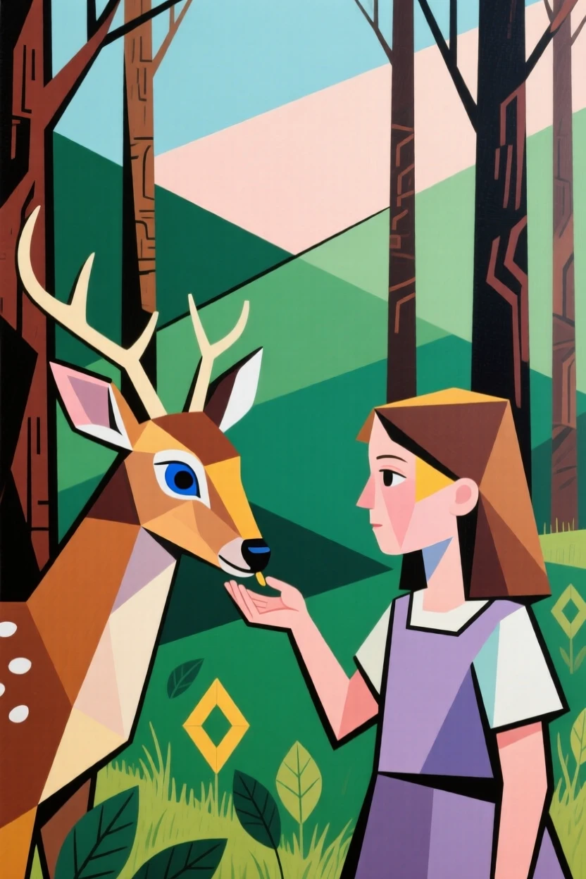 A young girl feeding a gentle deer by hand in a quiet forest clearing.