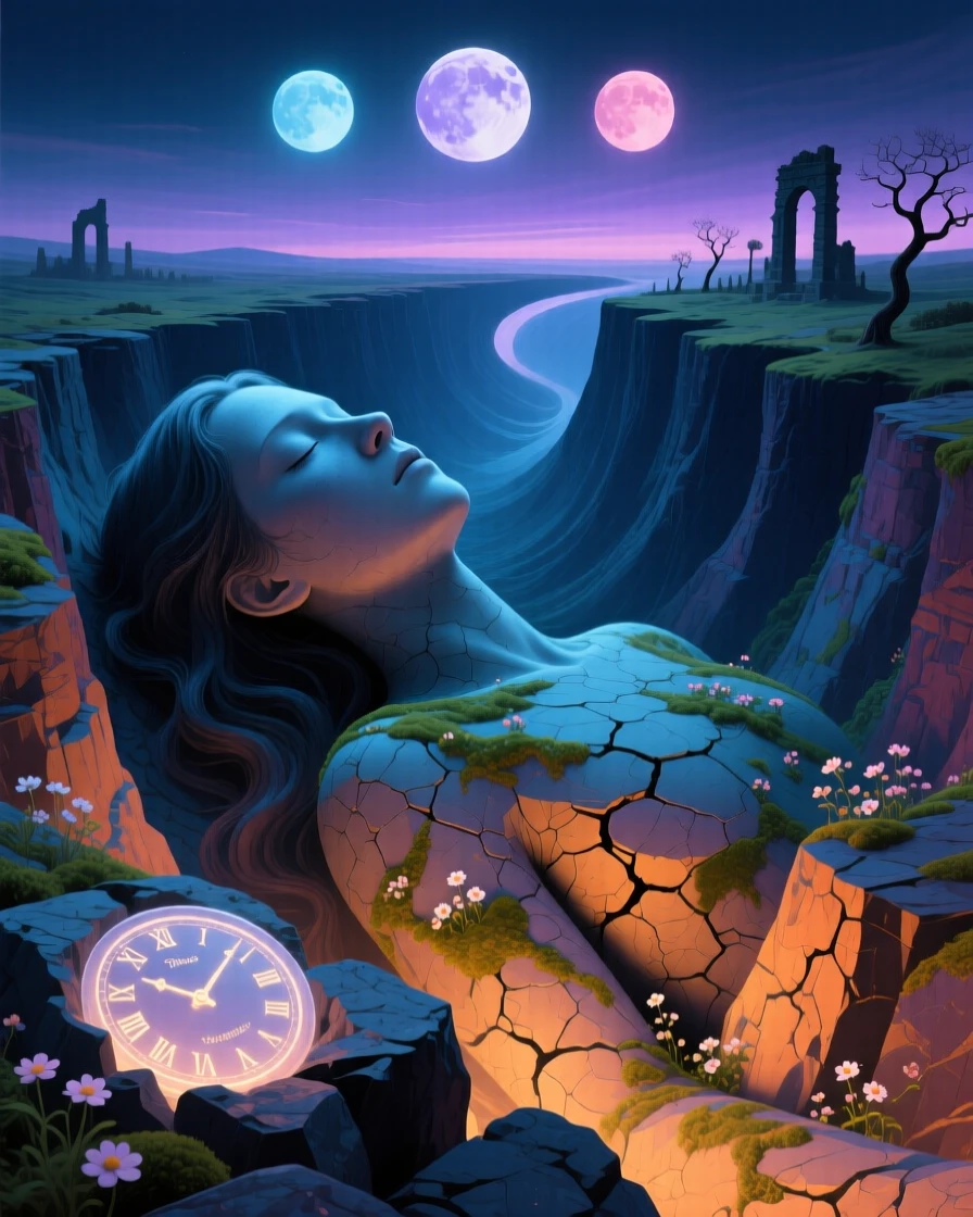 A canyon carved into the shape of a giant sleeping figure lies silent under the pale glow of three distant moons, as the horizon bends gently upward at its farthest edge.