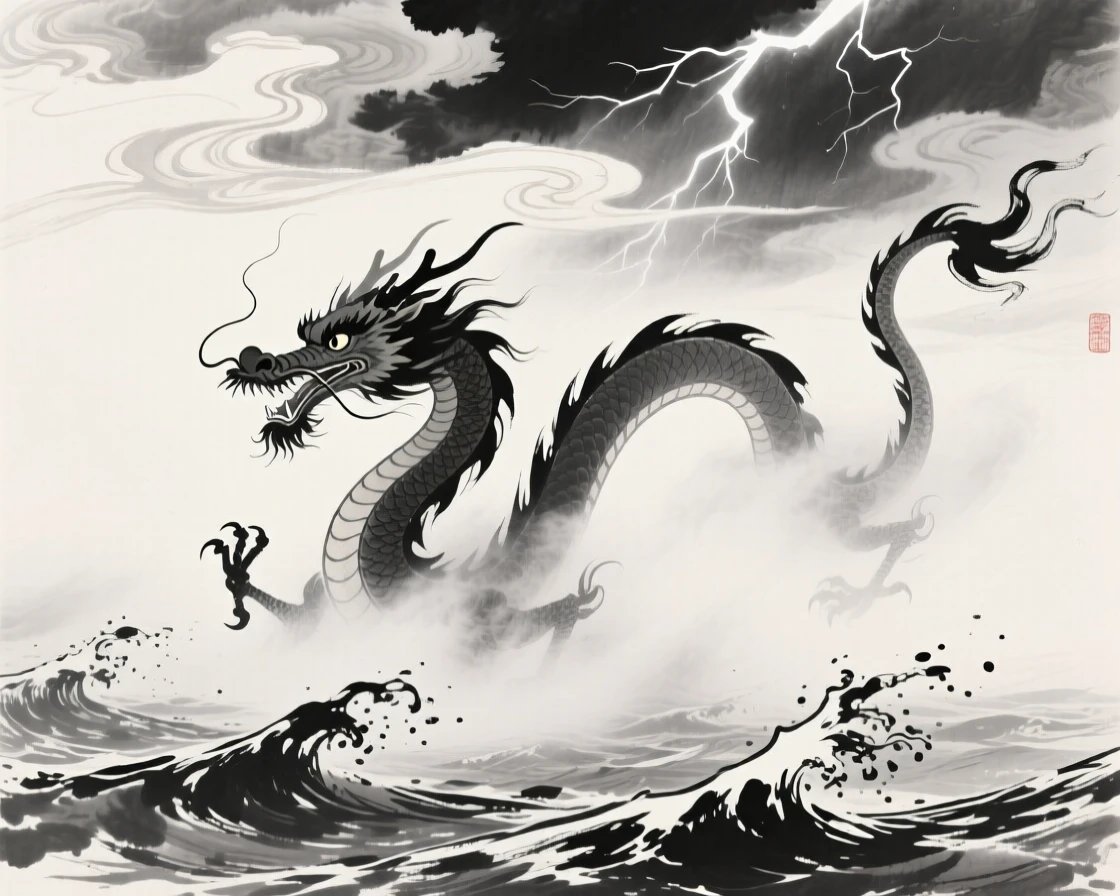 A dragon rises from the mist over a turbulent sea, beneath swirling clouds lit by distant lightning.