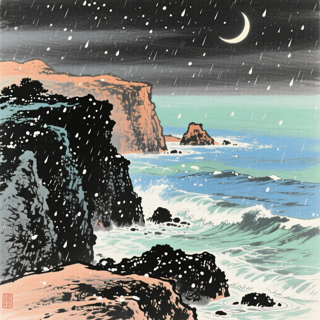 A rocky coastline where waves break gently against cliffs, beneath a crescent moon, as summer rain begins to fall, beneath softly falling snow.