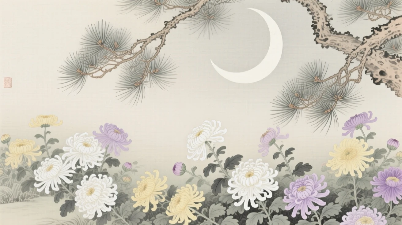A crescent moon framed by pine branches, above a garden filled with sleeping chrysanthemums