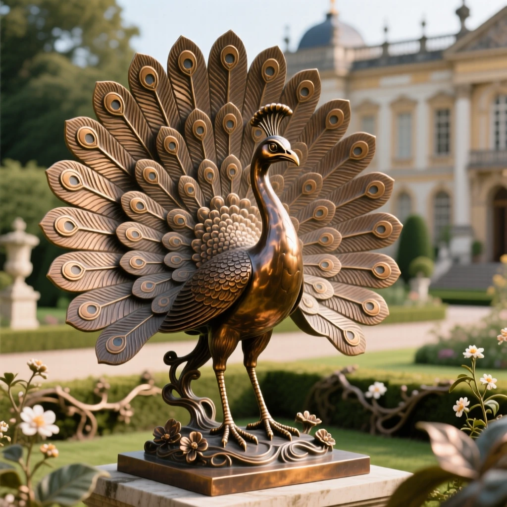 A peacock spreading its tail in a palace garden, with elegant, flowing form, evoking wonder and majesty