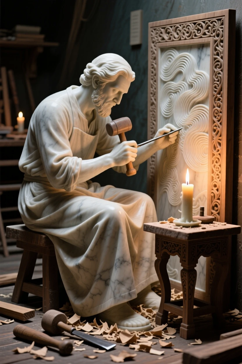 An evocative depiction of an artisan carving intricate patterns by candlelight, in a moment of quiet stillness, balancing detail with emotional depth