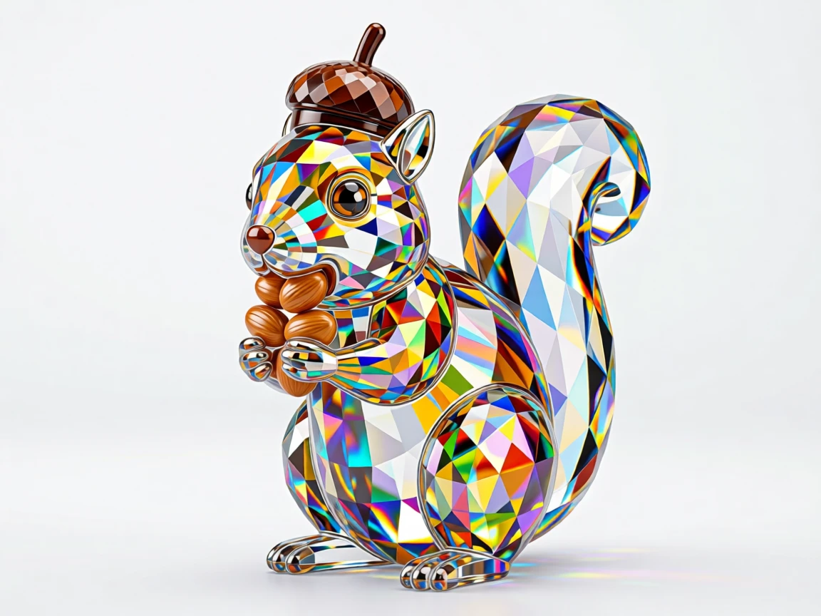 A whimsical scene of a squirrel wearing a tiny acorn hat, cheeks full of nuts.