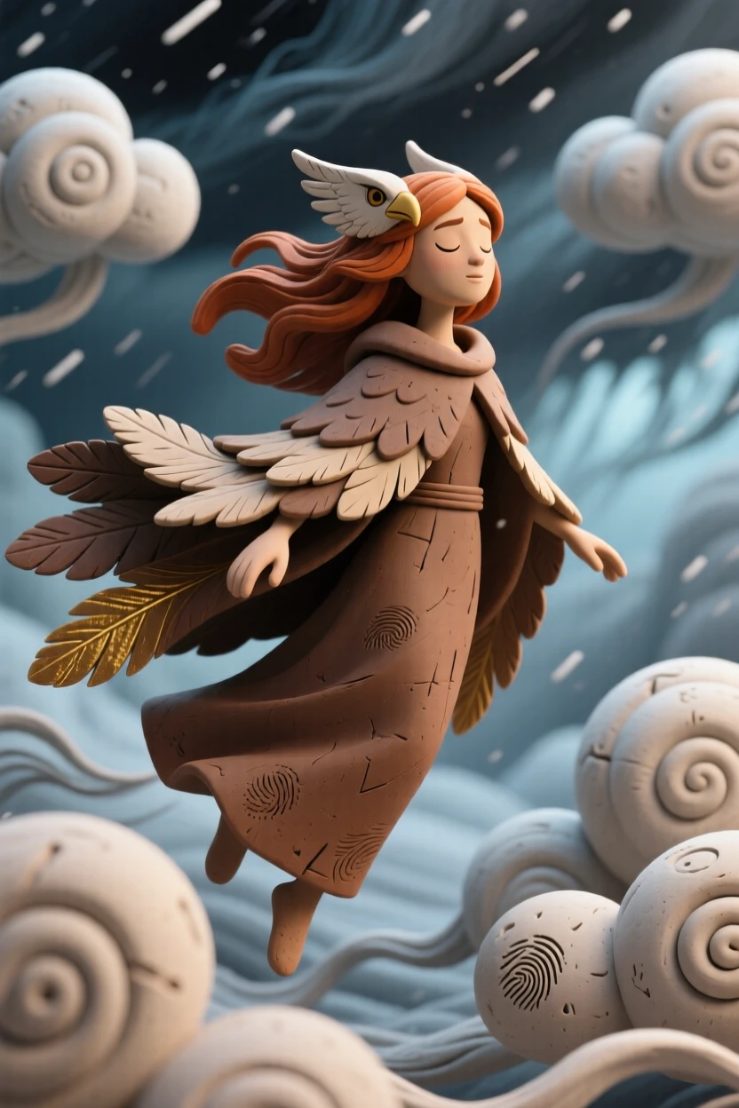 Freyja's falcon cloak drifting through northern storm clouds