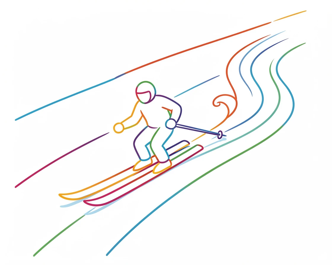 A snow-covered ski slope with a lone skier carving fresh tracks.