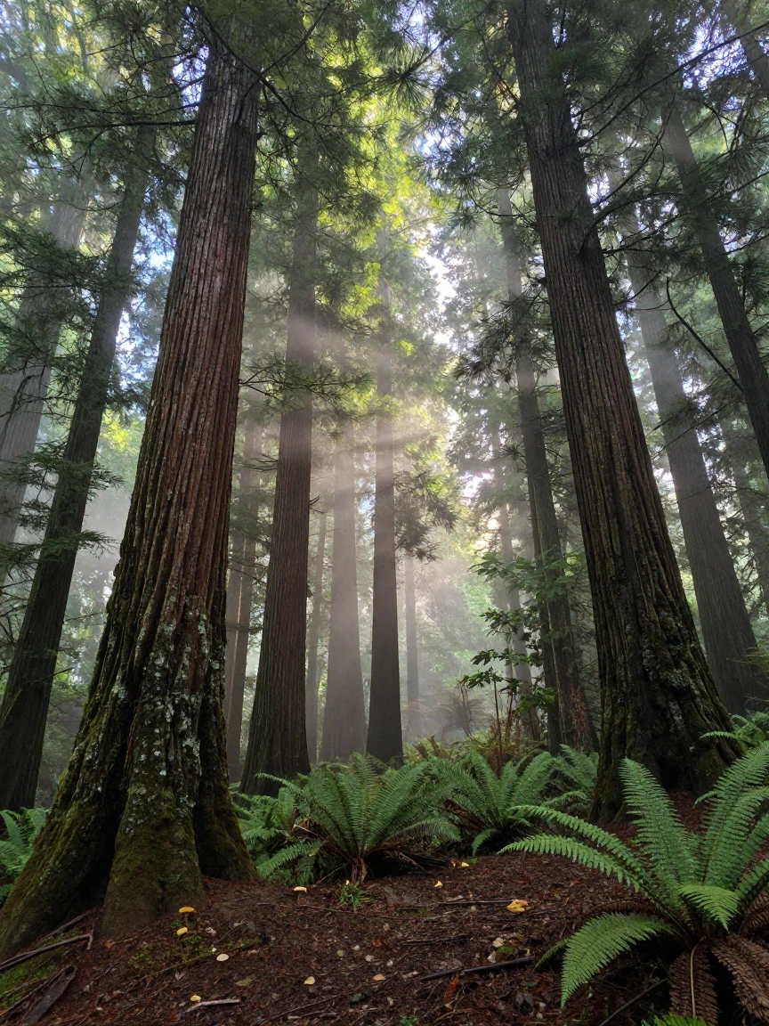 A misty redwood grove with light filtering through ancient canopy