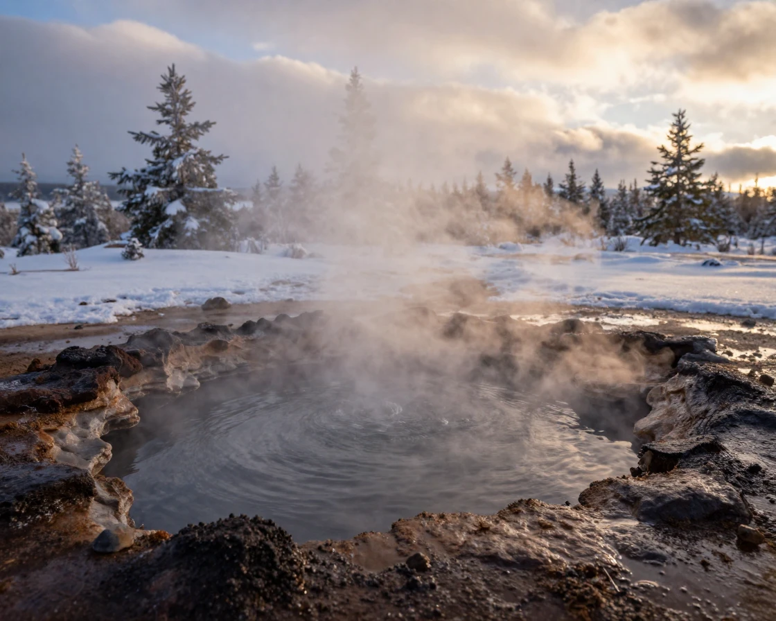 A steaming volcanic hot spring surrounded by snow beneath drifting autumn clouds