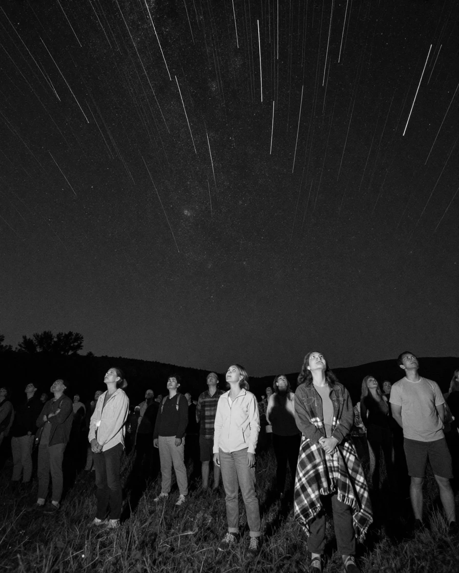 A meteor shower streaks across the midnight sky above a gathered crowd of onlookers.