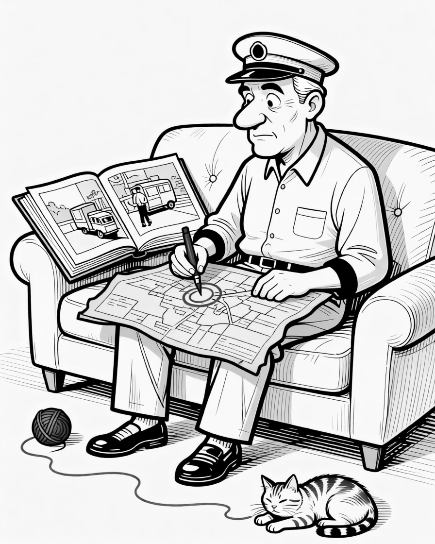 A retired postman reminiscing about his old delivery route, circling red ink with theatrical seriousness, set on a couch surrounded by photo albums. A ball of yarn rolls gently as the cat shifts. The image honors a lifetime of stories worth telling.