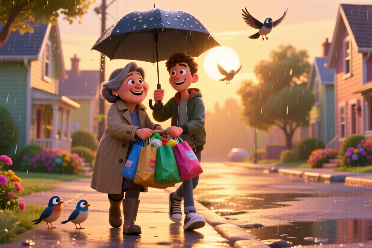 Strangers helping each other carry groceries in the rain unfolds on a quiet neighborhood street at golden hour, with birds scattering into the sky nearby. A heartfelt sense of happiness fills the moment.