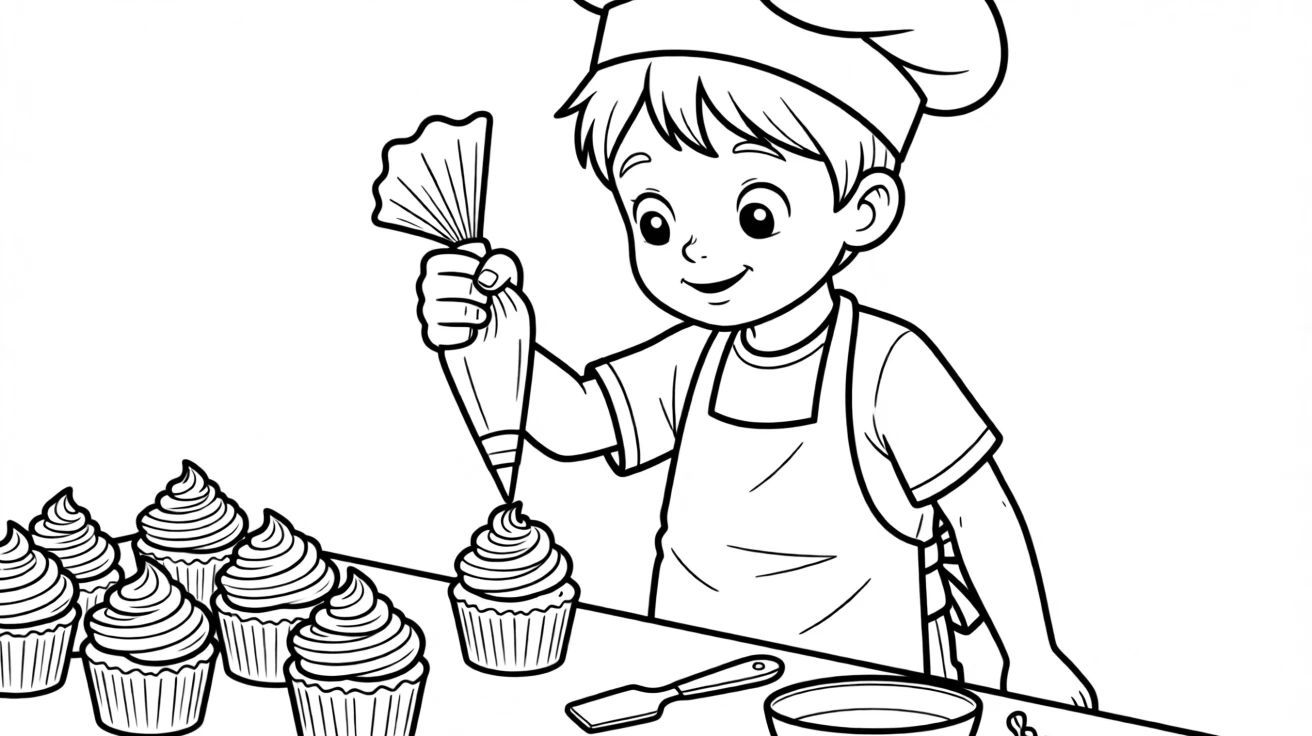 A young chef learning to decorate cupcakes with frosting