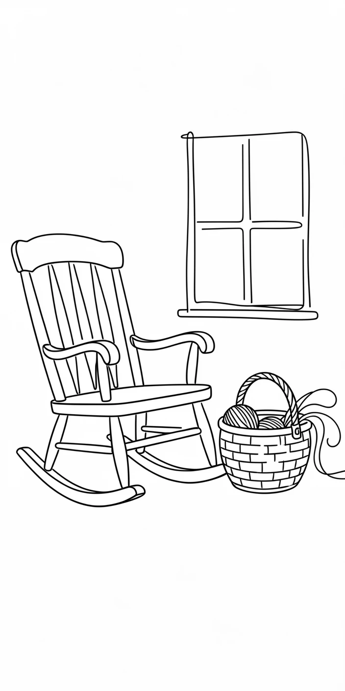 A grandmother's knitting basket beside a rocking chair by a window