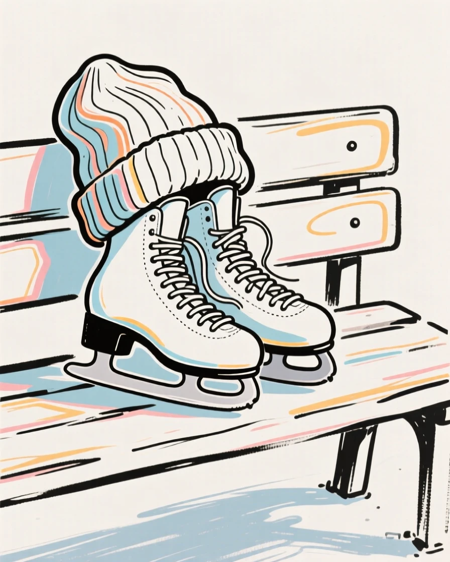 A pair of ice skates and a cozy knit hat resting on a bench.