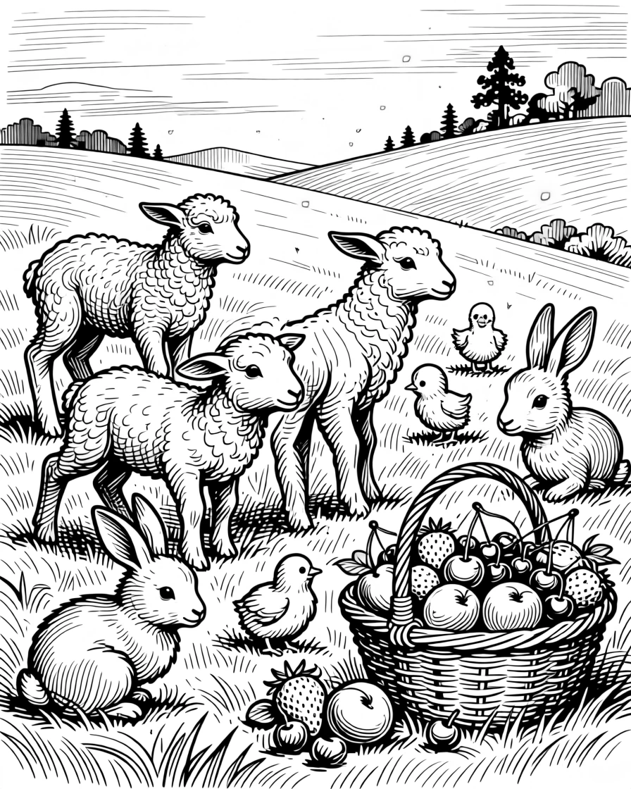 A spring meadow filled with baby animals as fireflies begin to appear at dusk, with a basket overflowing with seasonal fruit, capturing a full of holiday spirit seasonal moment.