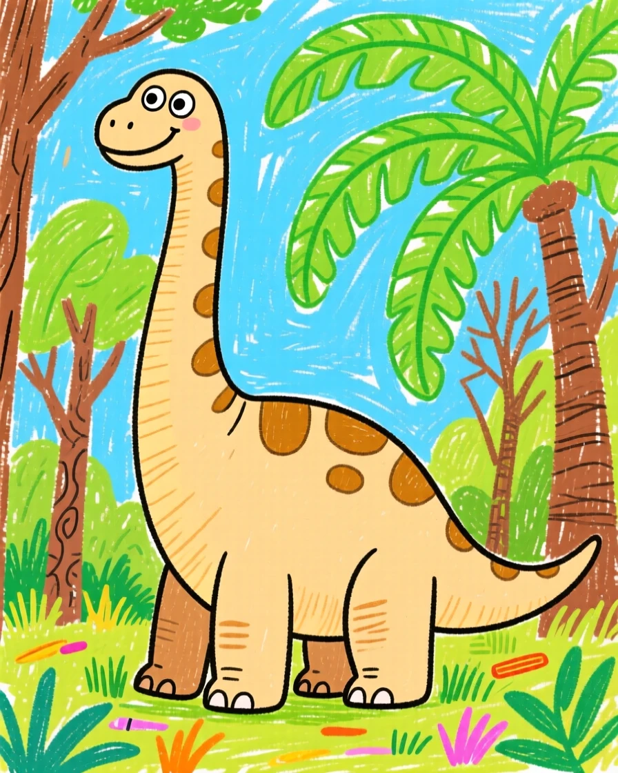 A towering brachiosaurus reaching the treetops in a prehistoric jungle filled with giant ferns.