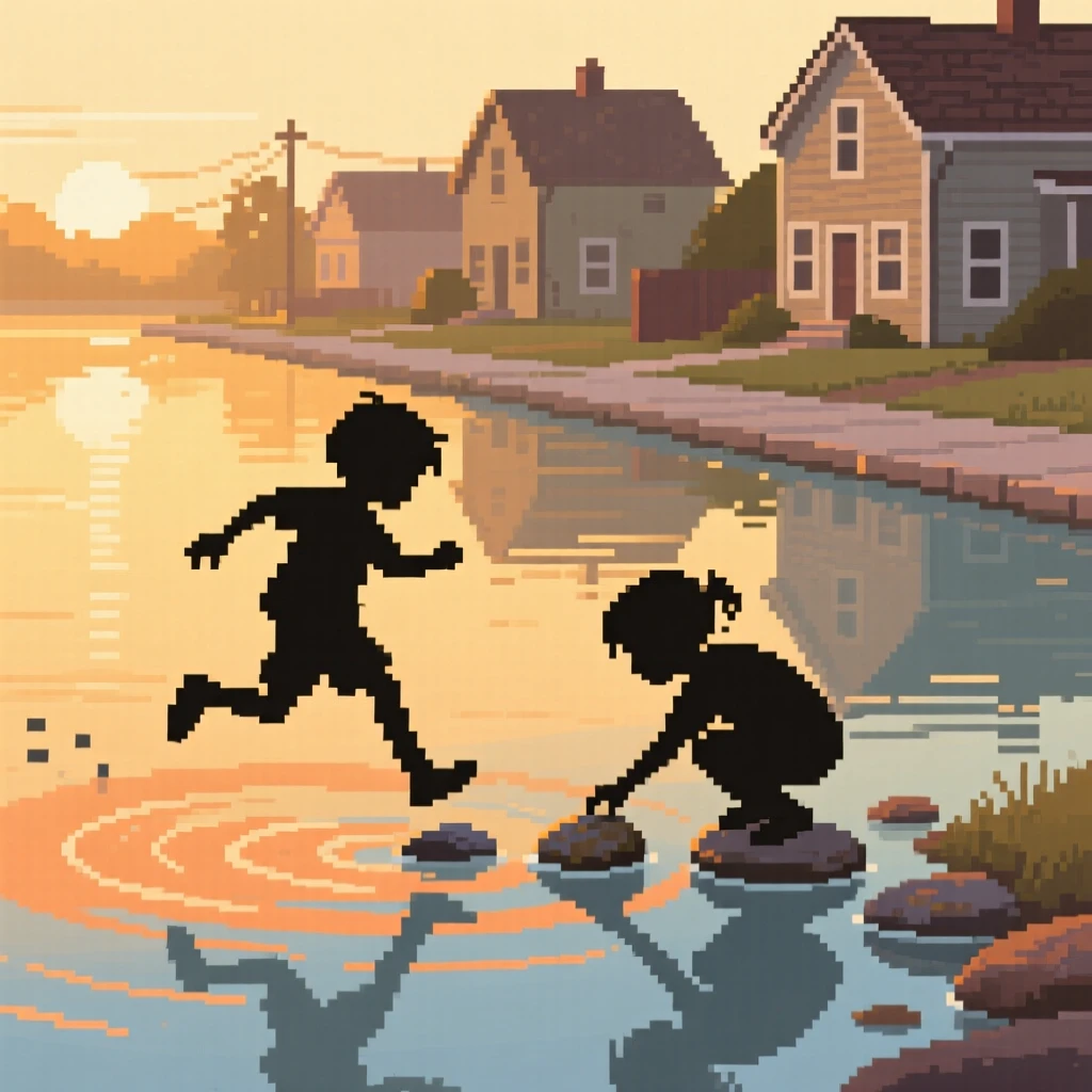 Kids skipping stones across a calm lake captured in the golden light of early morning, on a neighborhood sidewalk lined with old houses.