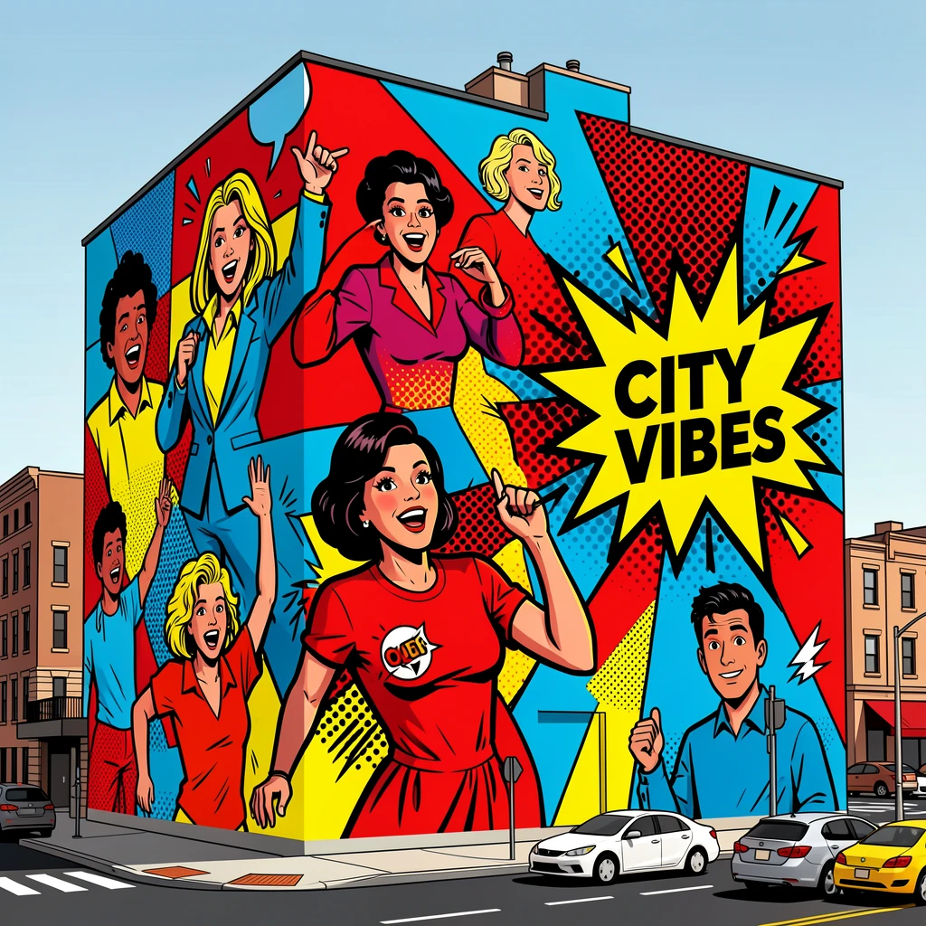 An elaborate mural covering the side of an urban building