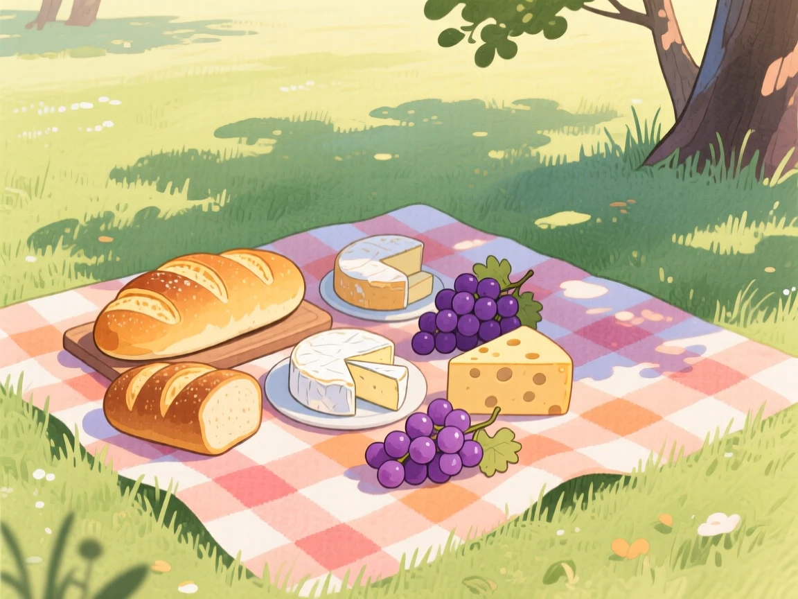 A picnic spread of fresh bread, cheese, and grapes on a checkered blanket, evoking warmth, comfort, and togetherness.