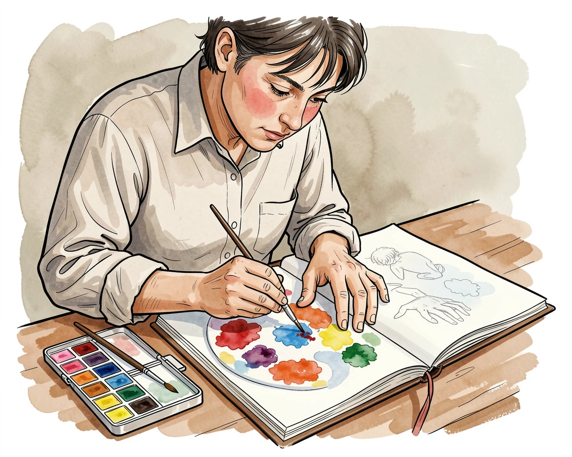 A painter mixing watercolors on a palette beside an open sketchbook, focused concentration evident in every careful movement.