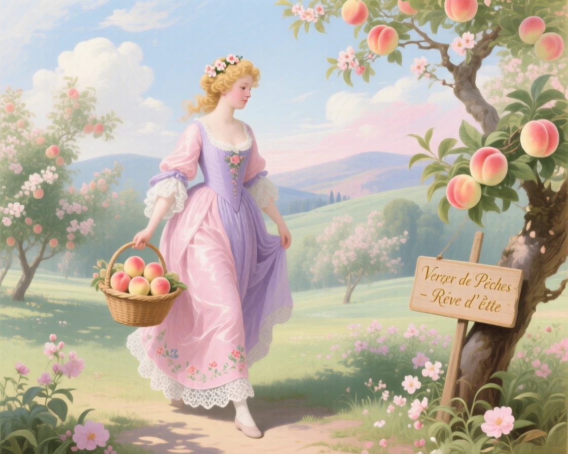 A young woman carrying a basket of peaches through an orchard  