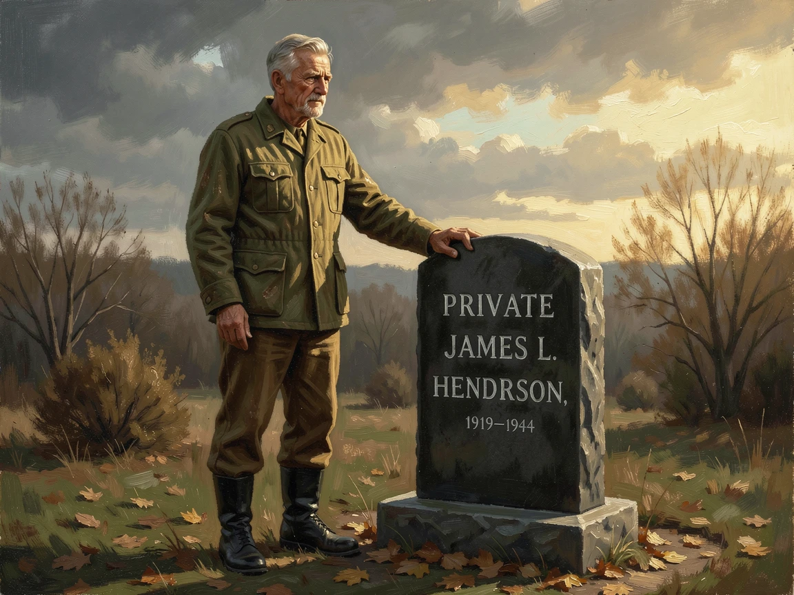 A war veteran visiting the memorial of a fallen friend, hand resting on the stone, as golden, hopeful light fills the entire scene, evoking deep emotion and a profound sense of shared humanity