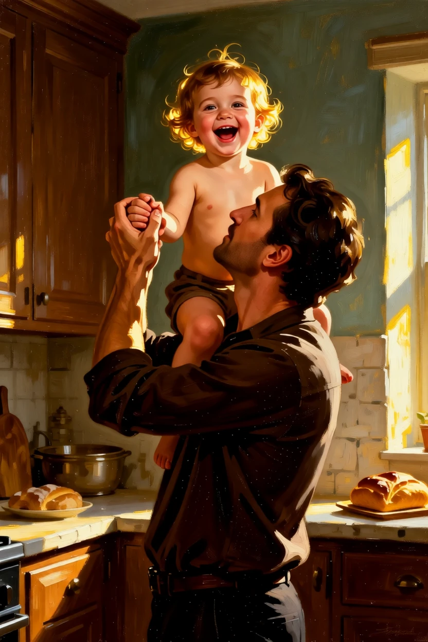 A father lifting his laughing toddler onto his shoulders as laughter and love fill an otherwise ordinary afternoon, set within a warmly lit kitchen filled with the smell of baking, with soft golden light catching genuine, unguarded smiles; the composition draws the eye naturally to interlocked hands or shared eye contact, filled with gentle joy and quiet devotion.