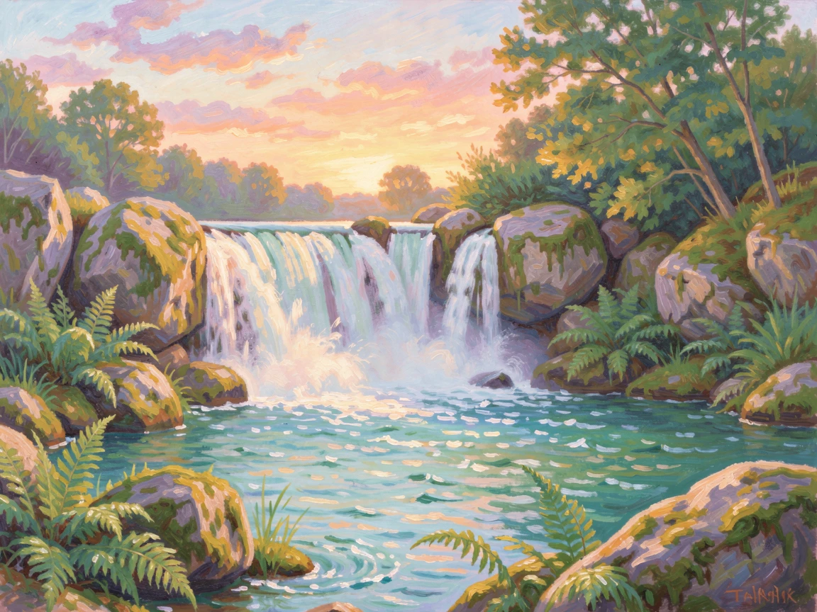A dramatic waterfall plunging into a turquoise pool surrounded by moss-covered boulders and ferns, under a glowing sunset sky.