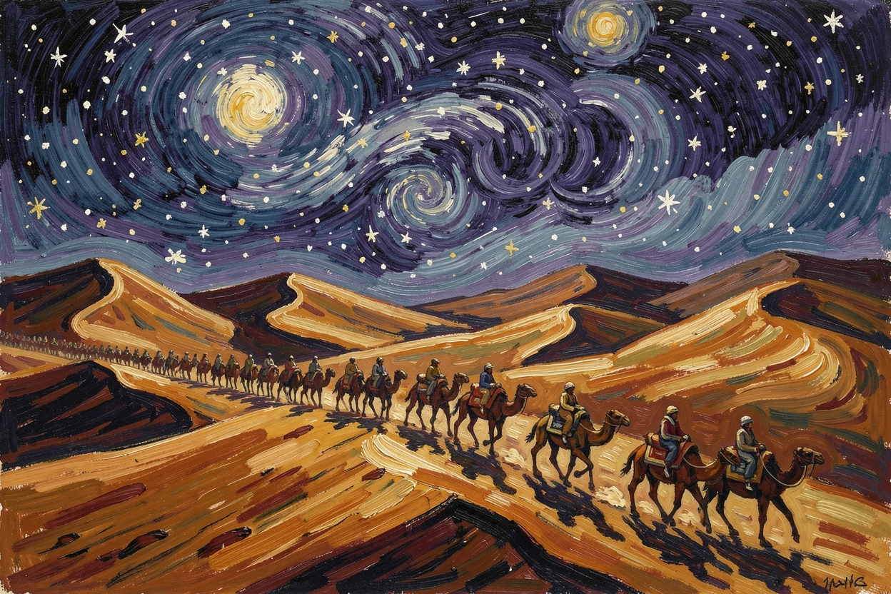 A grand desert caravan crossing the dunes of Wadi Rum beneath a star-filled sky.