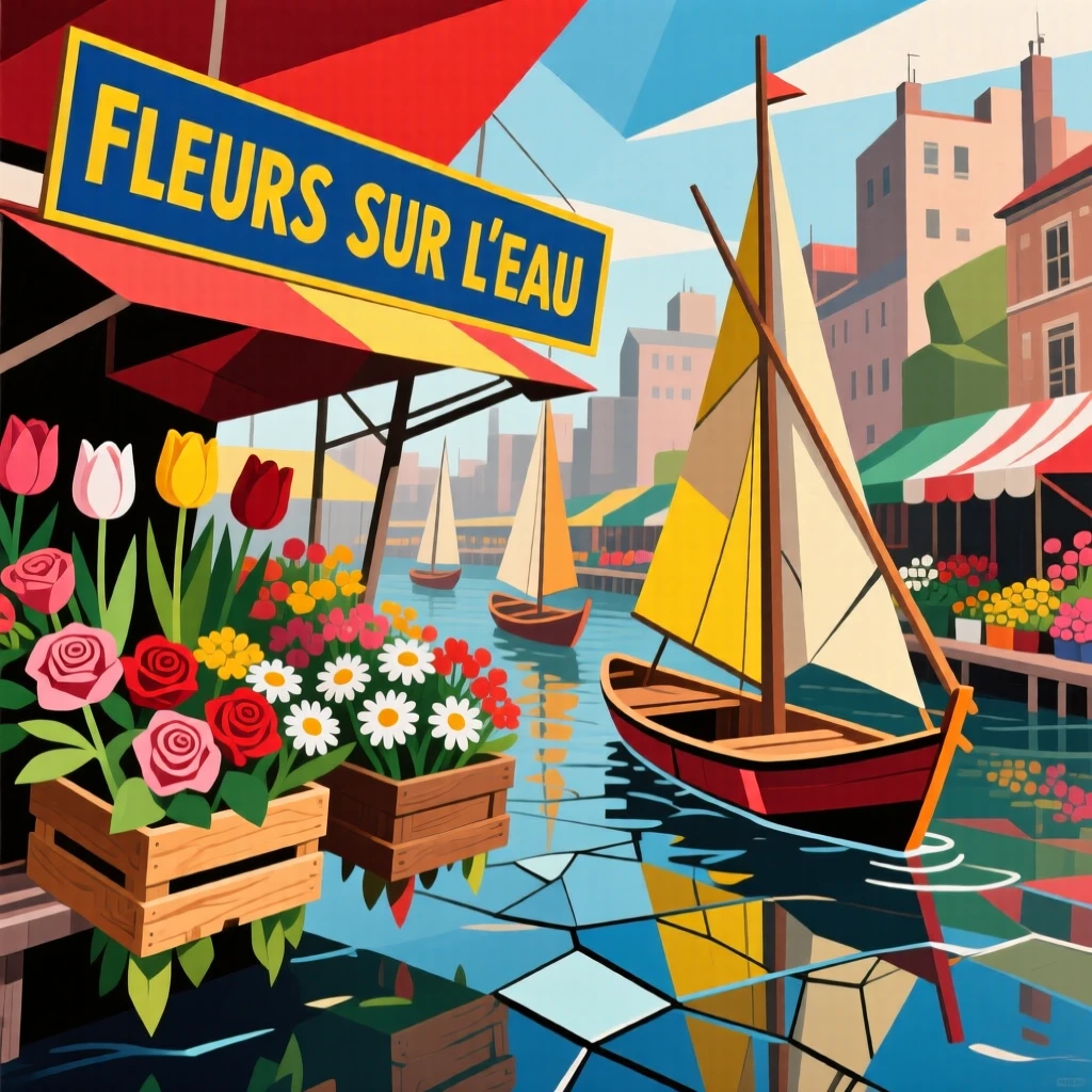 A vibrant scene of a floating flower market lined with flower boxes overflowing with blooms.