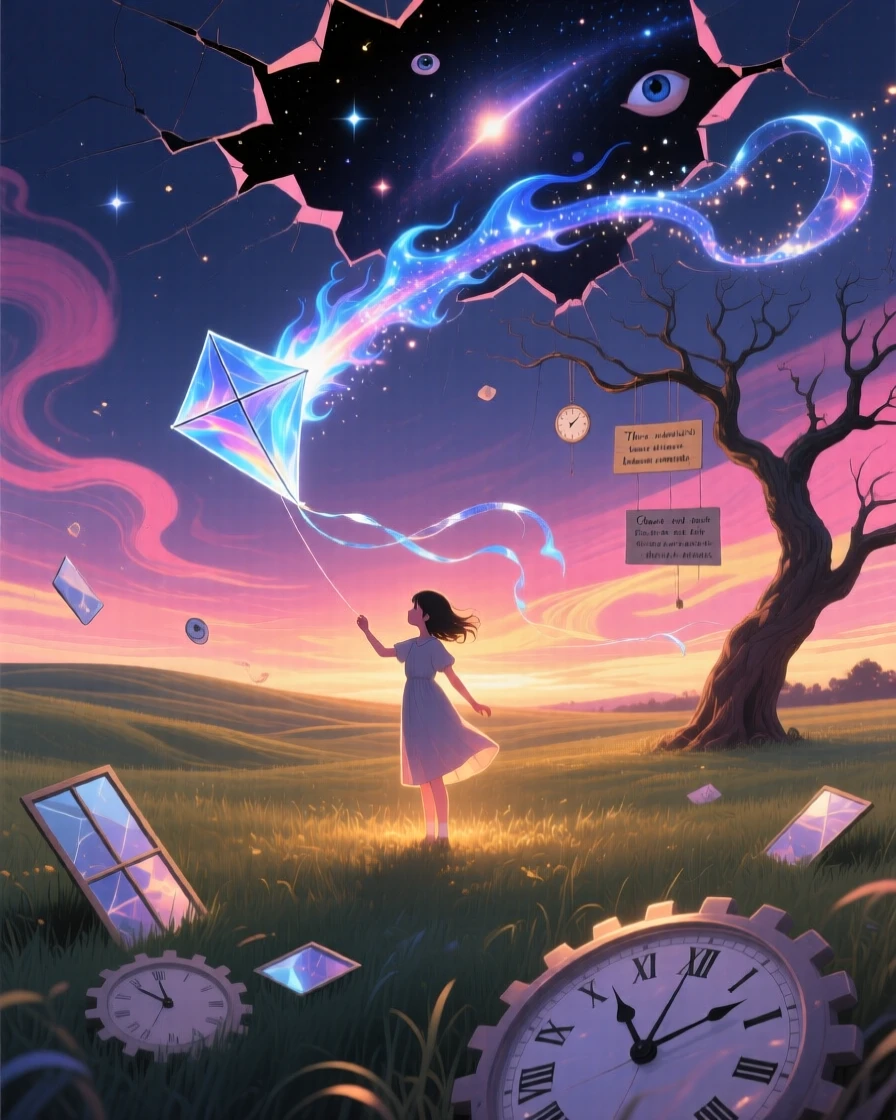 A young girl chasing a kite shaped like a small comet works calmly, absorbed entirely in a quiet, private moment, while soft light gathers warmly around their figure.
