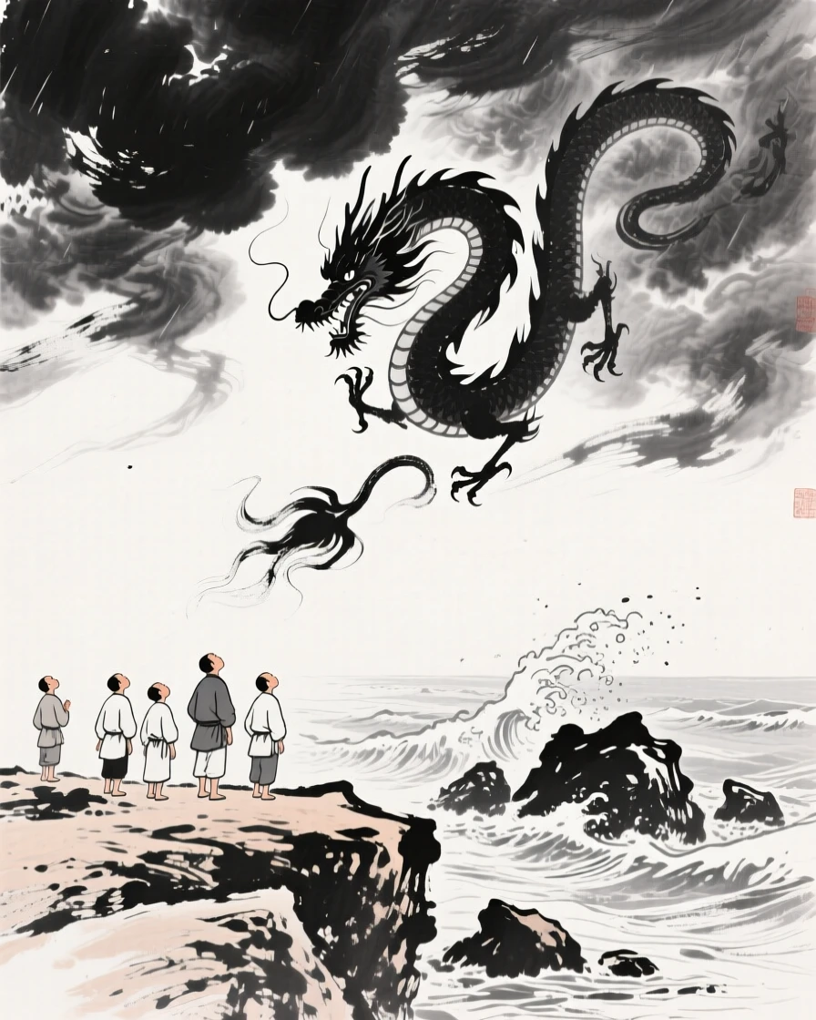 Villagers watch as a dragon spirals upward into a stormy sky, as waves crash against the rocks far below.
