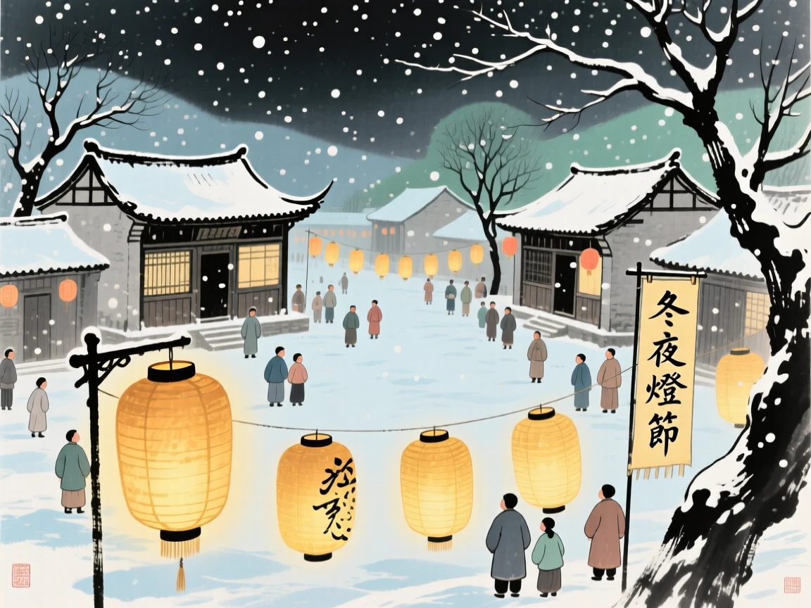 A lantern festival filling a village square with warm golden light, under the first snow of winter.