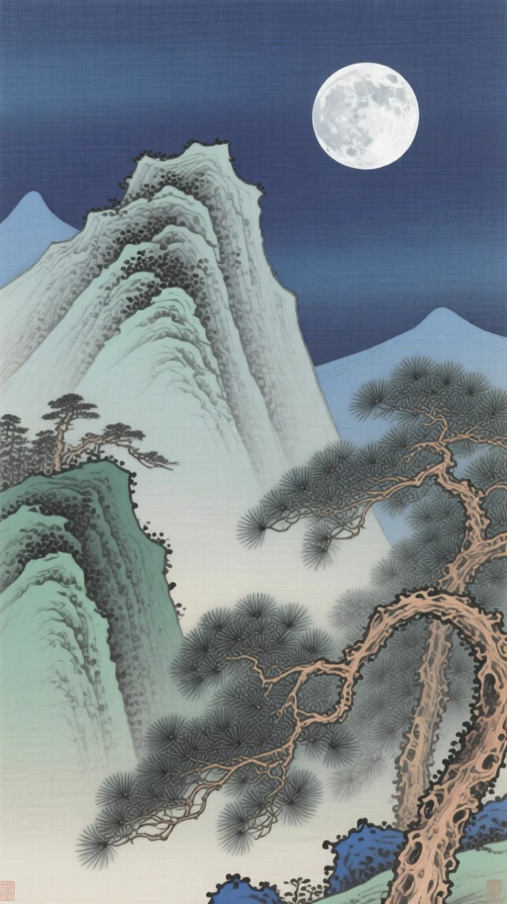 A full moon rising over a mountain silhouette, framed by the silhouettes of ancient pine trees