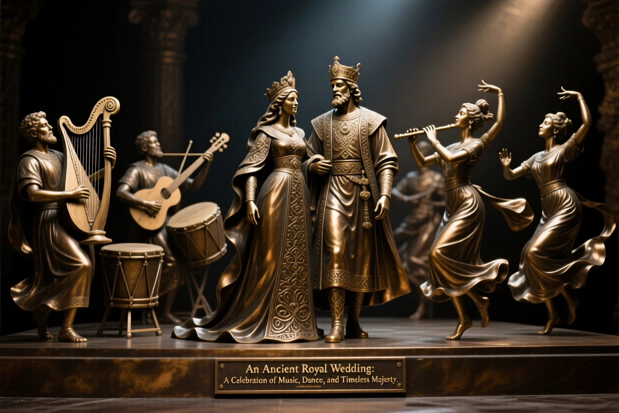 An ancient royal wedding celebrated with music and dance, bathed in dramatic, atmospheric light, evoking legend and timeless drama