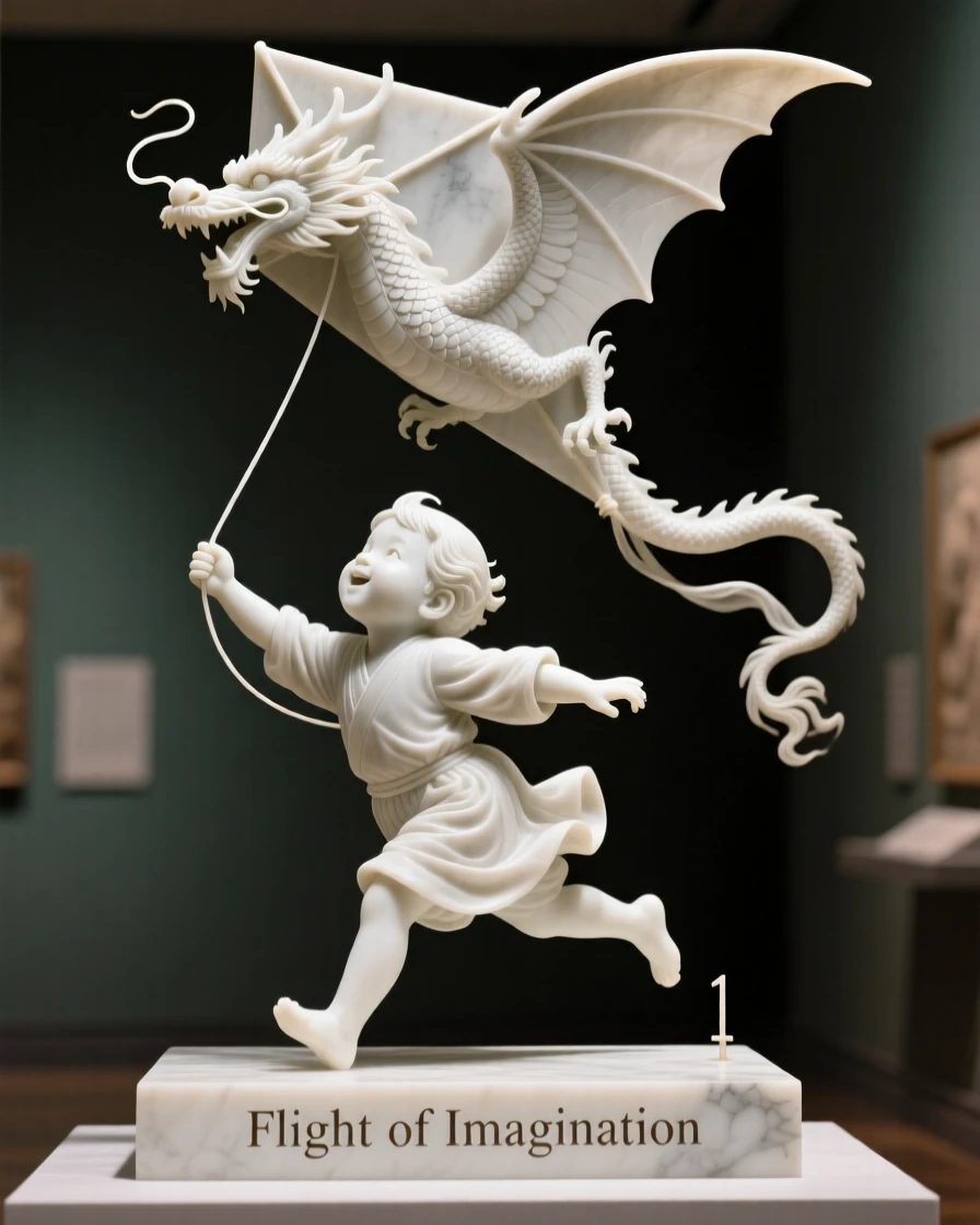 A vivid, emotionally rich scene of a child flying a kite shaped like a dragon, captured with cinematic depth and detail, designed to captivate and inspire