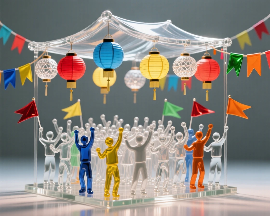 As the crowd cheers beneath a canopy of paper lanterns, a festival crowd gathered beneath strings of colorful flags