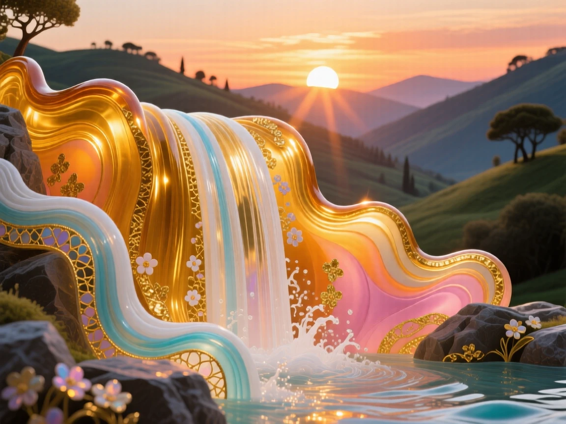 A grand waterfall glowing gold beneath the setting sun in a hidden valley, majestic and warm.
